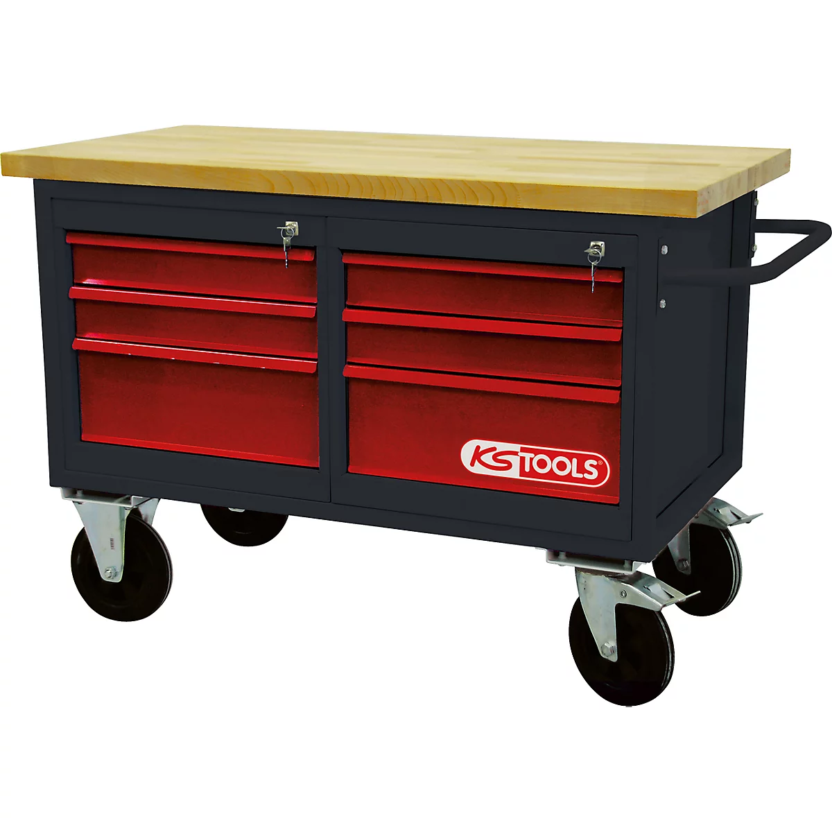 Werkbank mit Holzplatte, Schubladen und Rollen.